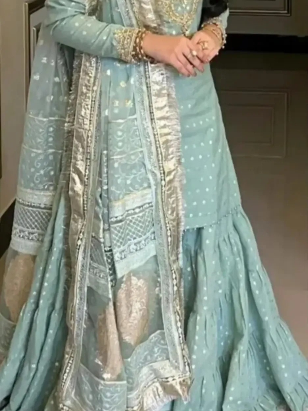 Faiza Saqlain Inspired Embroidered Mint Green Pakistani Sharara Set
